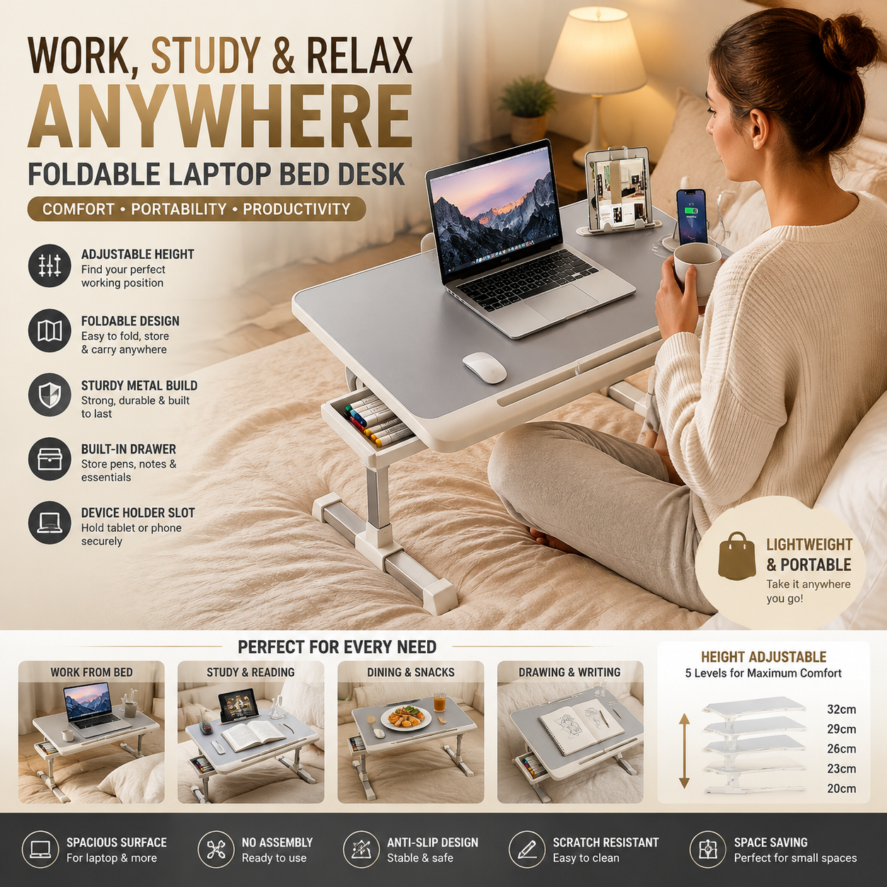 Portable Metal Laptop Bed Desk Adjustable Notebook Table