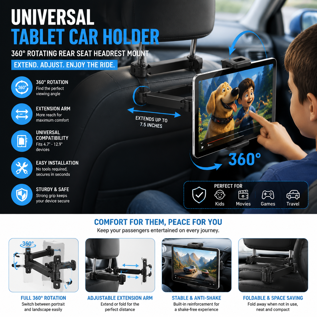 Universal Tablet Car Holder 360° Rotating Rear Seat Mount with Extension Arm