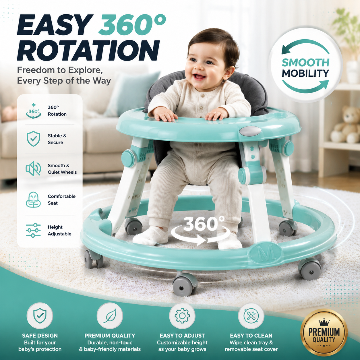 360° Rotating Baby Walker – Adjustable Infant Walker with Comfortable Seat