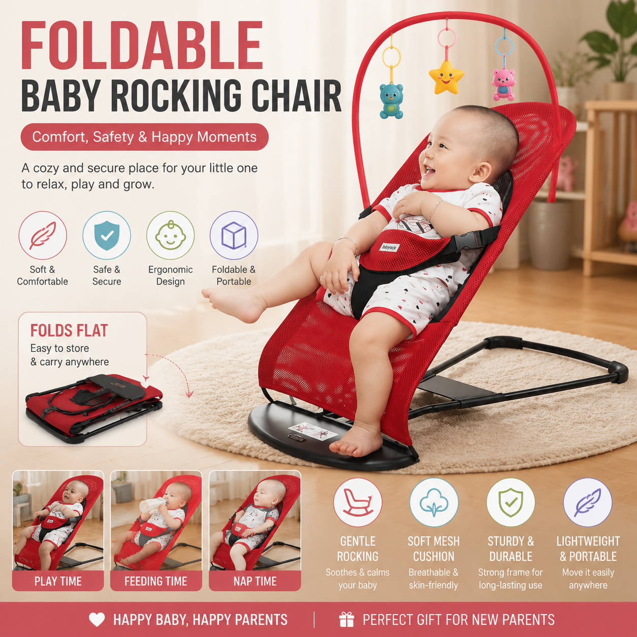 Foldable Baby Rocking Chair Soft Cushioned Infant Cradle with Toys