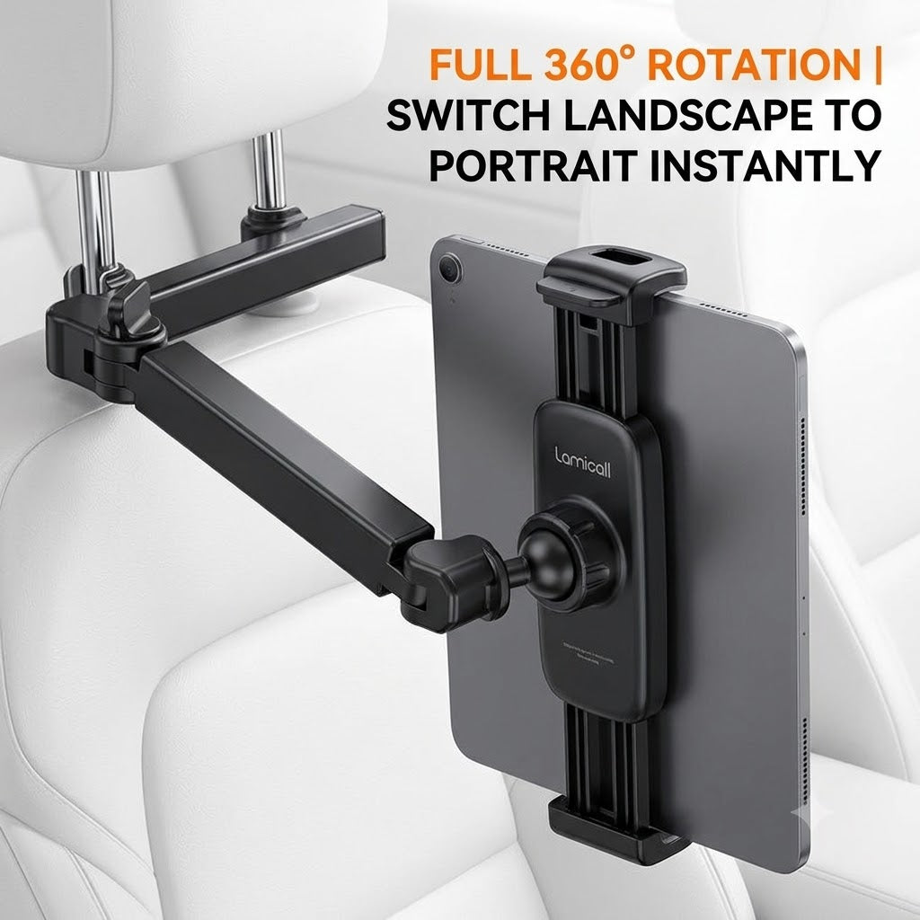 Universal Tablet Car Holder 360° Rotating Rear Seat Mount with Extension Arm