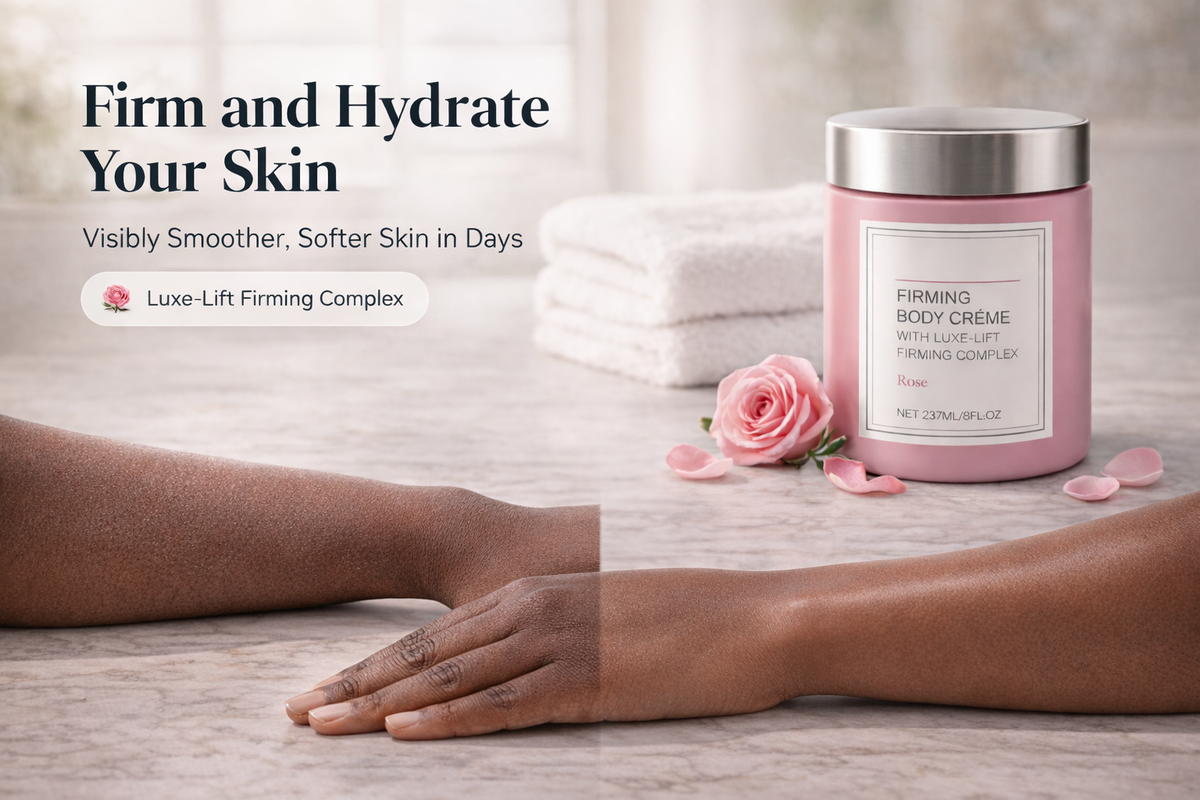 Firm & Hydrate Your Skin — Firming Body Créme with Luxe-Lift Firming Complex, before and after smoother, firmer skin